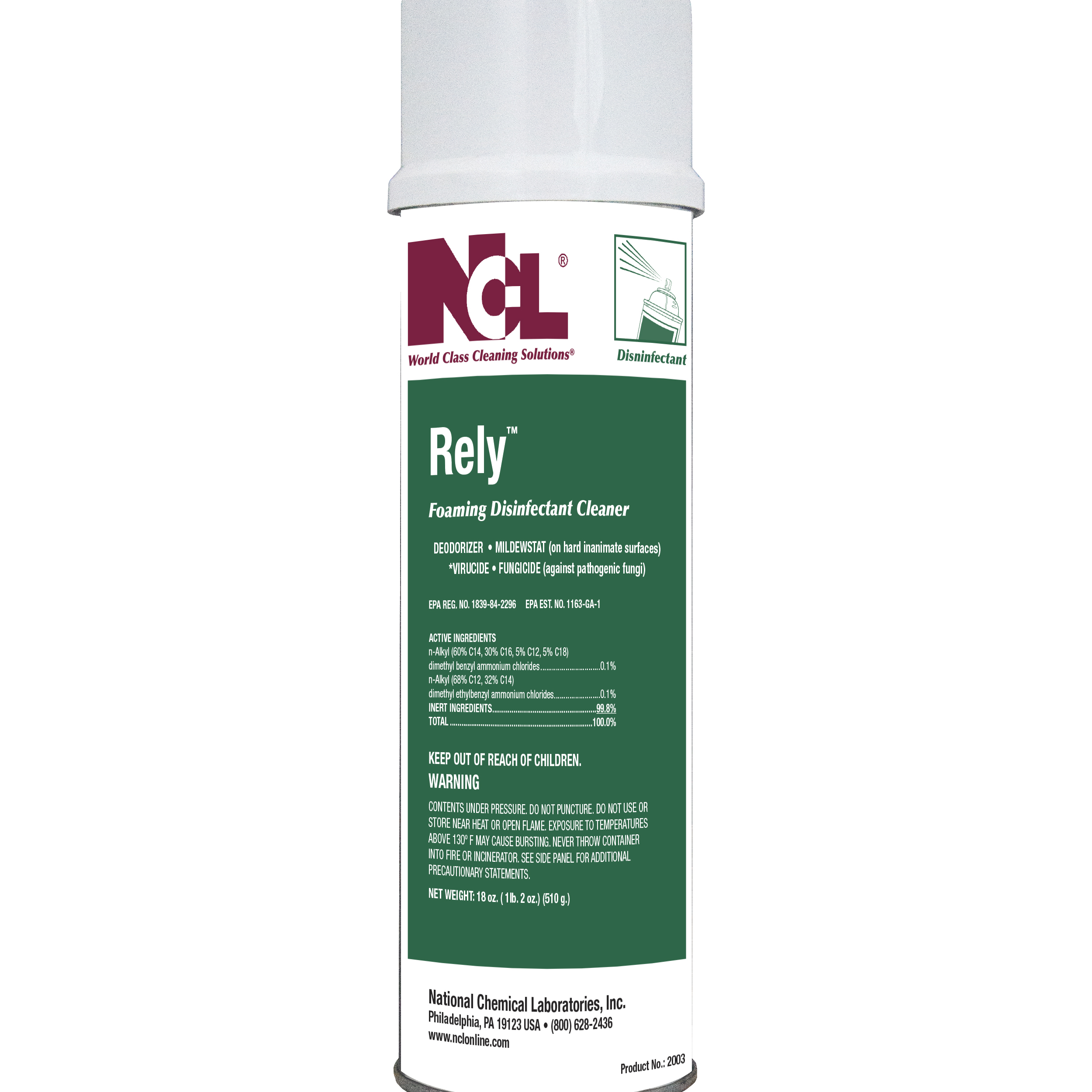  RELY Foaming Disinfectant Cleaner, aerosol 12/18 oz Aerosol Case (NCL2003) 